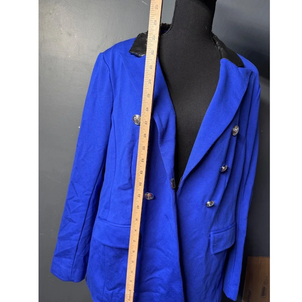 Lane Bryant Blue Bryant Blazer 18 Silver Button‎ Faux Leather Trim AS IS Repair